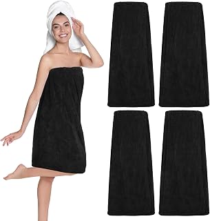 Tigeen 4-Pack Spa Wrap Towels for Women - Adjustable Elastic Anti-Slip Closure, Soft Absorbent Polyester Bath Wraps (Black Stripes)