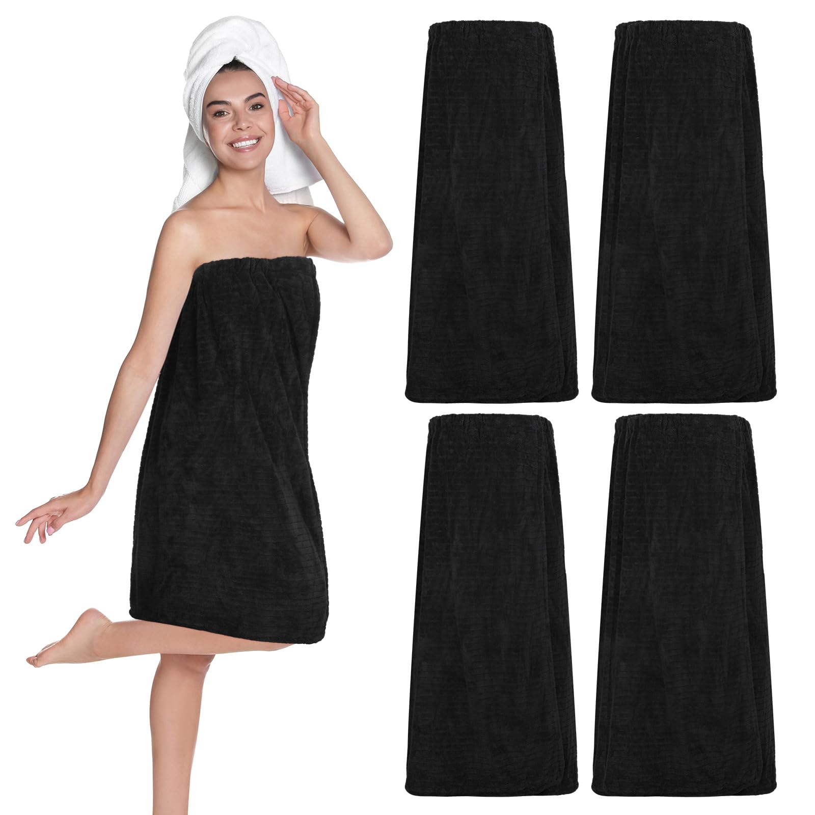 4 toallas de spa para mujer, bata de spa con cierre ajustable, parte superior elástica, envolturas ligeras para baño y ducha (negro, rayas)