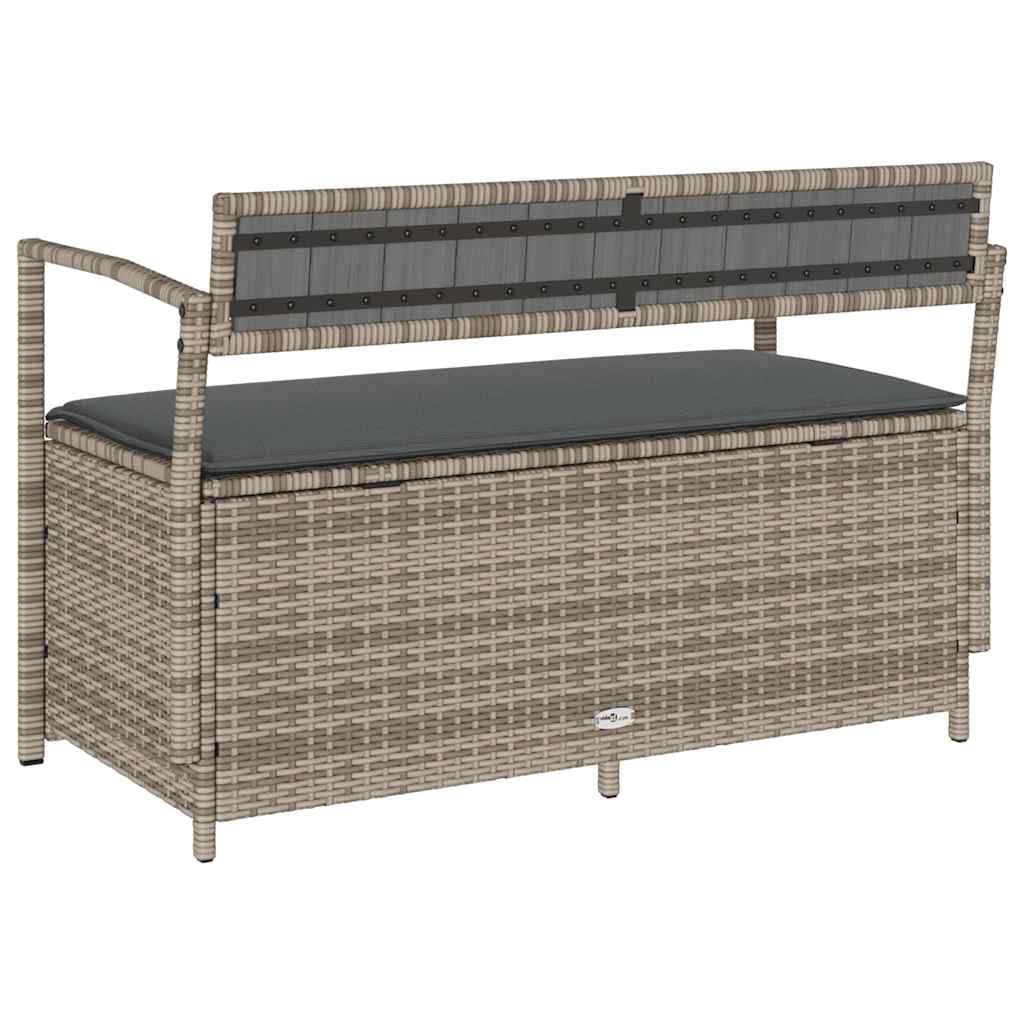 Banco de jardín de polirratán 111,5 × 54 × 74 cm gris con espacio de almacenamiento, banco esquinero con cojín extraíble, balcón terraza