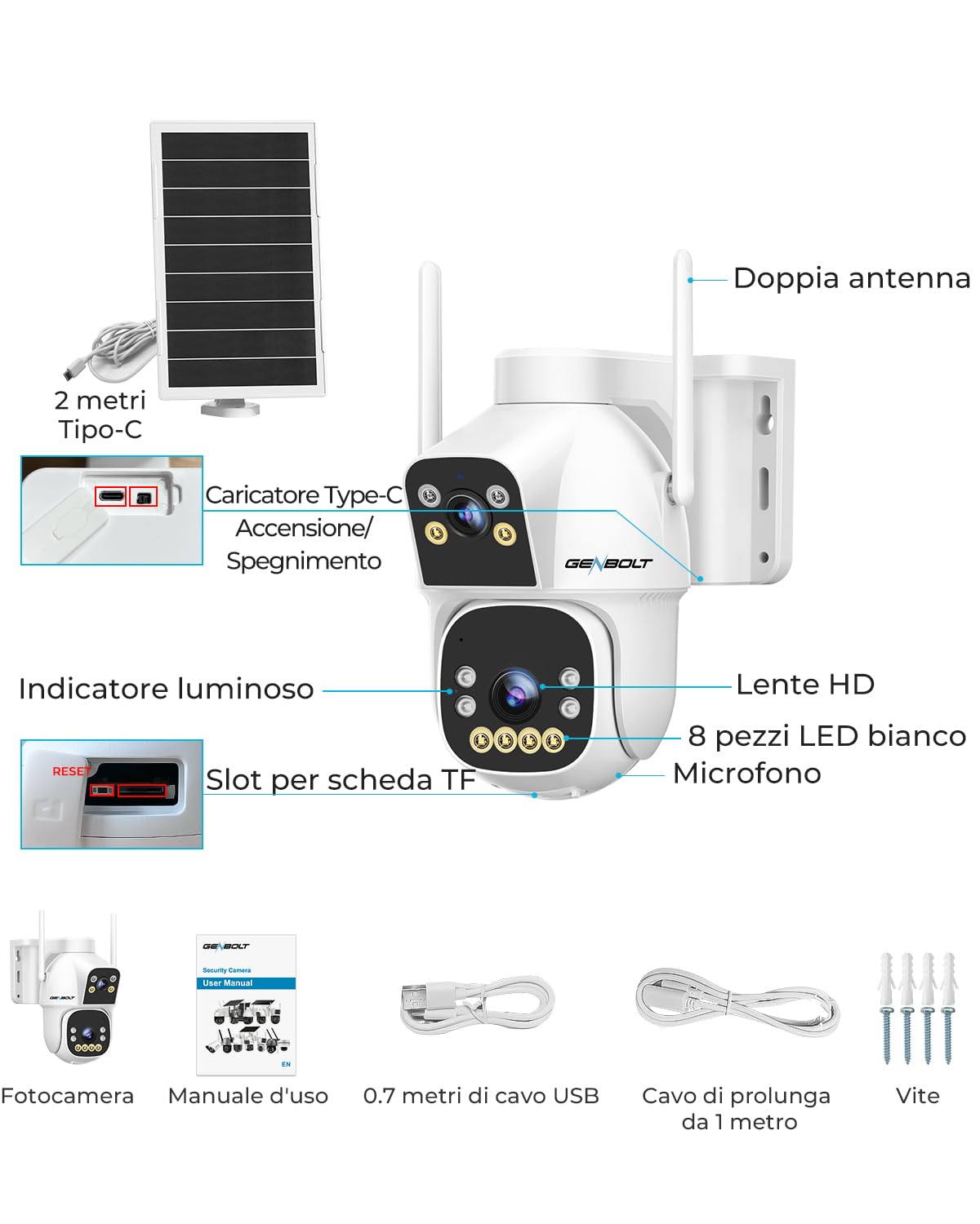 GENBOLT 2.5K AOV Solare Telecamera Wi-Fi Esterno Senza Fili di Sicurezza Esterni, Registrazione 7/24 3MP+3MP IP Videocamera Sorveglianza con Rilevamento AI, CCTV Camera Batteria 8W 15600mAh 2.4&5GHz