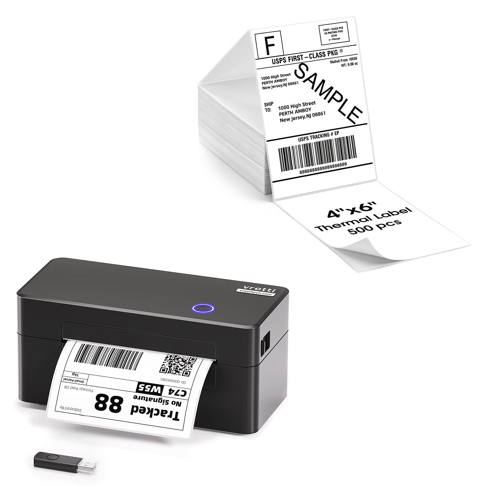 vretti DB402 Etikettendrucker, DHL Thermodrucker 4x6, mit 1 eingebauter 4x6 Thermopapierrolle+1 Packung Thermopapier mit weißes Grund, Für Amazon, Shopify, Etsy,DHL, UPS, Unterstützt Windows/Mac/Chrom