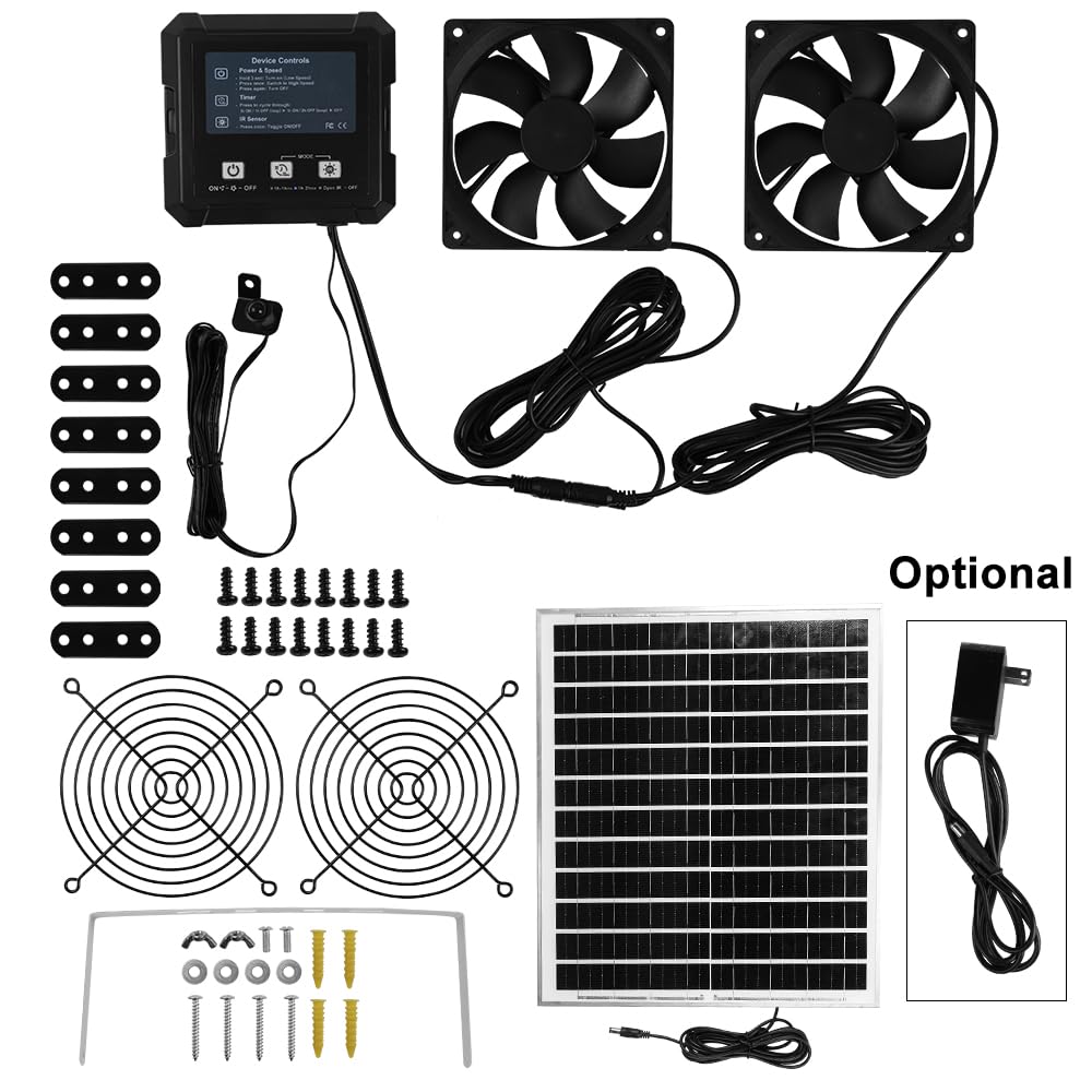 Ventilatore solare per pollaio con batteria, kit doppio ventilatore di scarico solare, 3 modalità intelligenti controller (continuo/timer/sensore di movimento), ventola di ventilazione ad