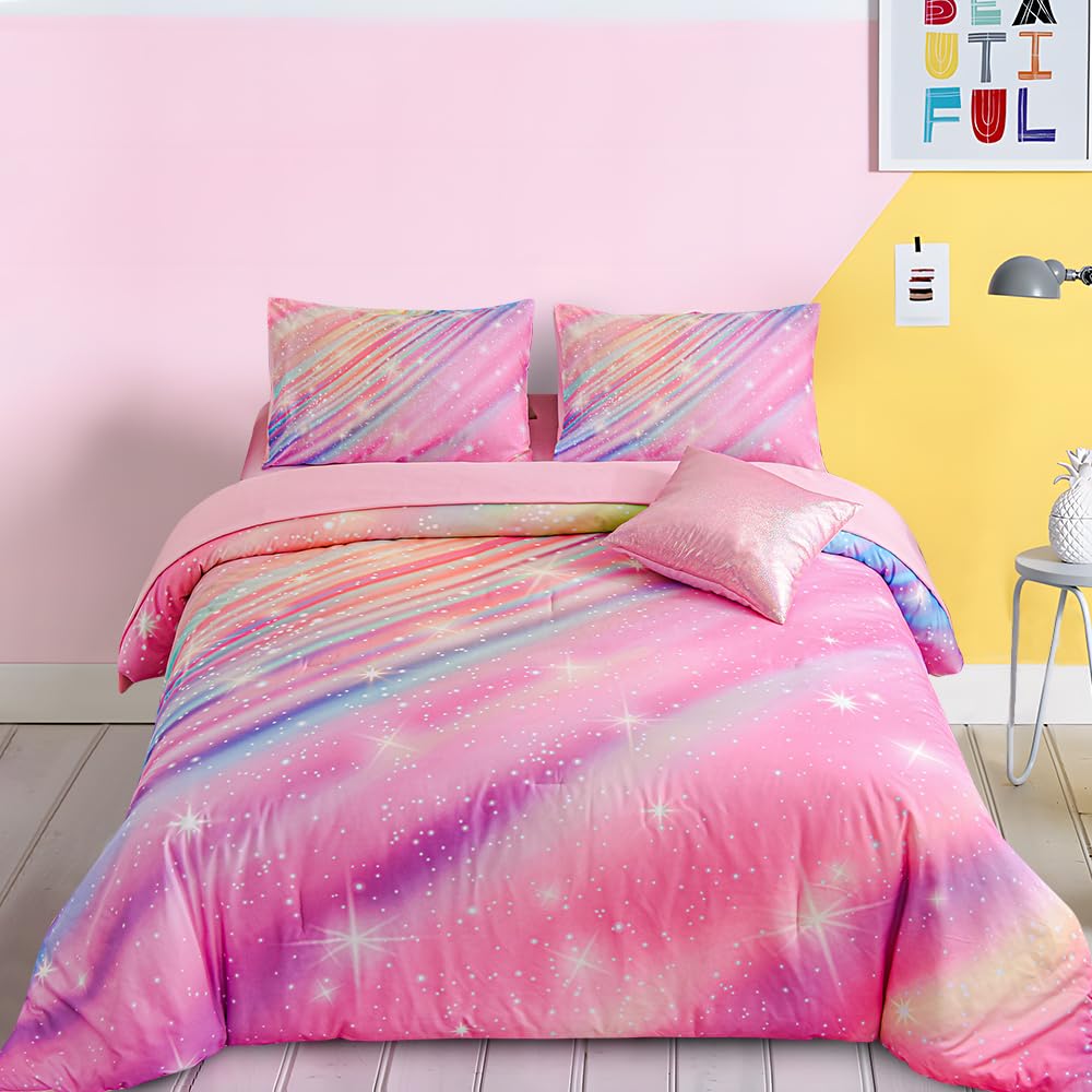 Btargot Super Soft 6 Pieces Gradient Star Ring Comforter Set, Colorful Glitter Rainbow Star Pattern Bedding Set for Boys Girls Teens,Queen Pink