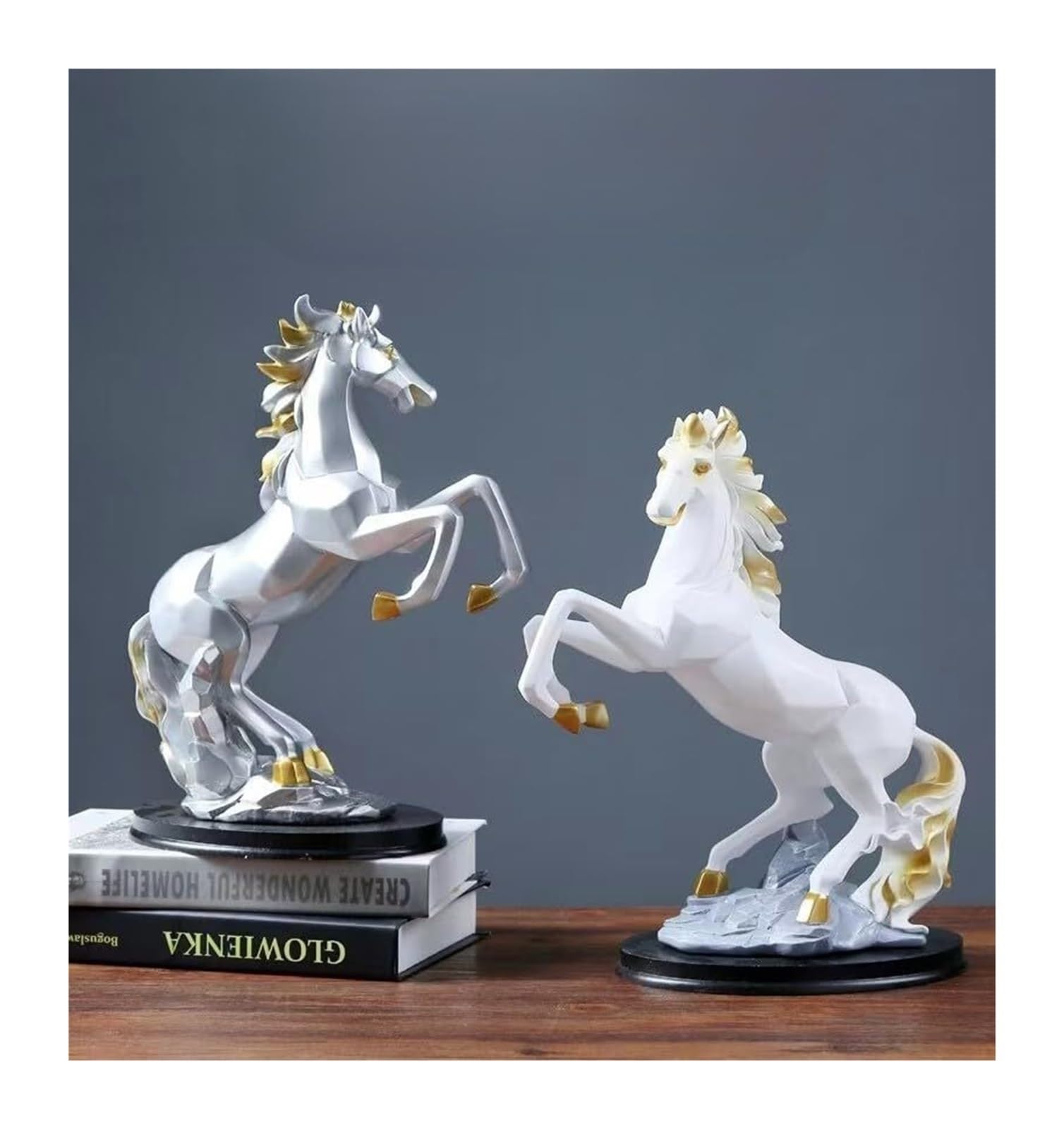 Regalos de inauguración Figura de Caballo Saltador geometría Creativa, Escultura Resina, decoración del hogar con Base Negra Decoración única(Silver)