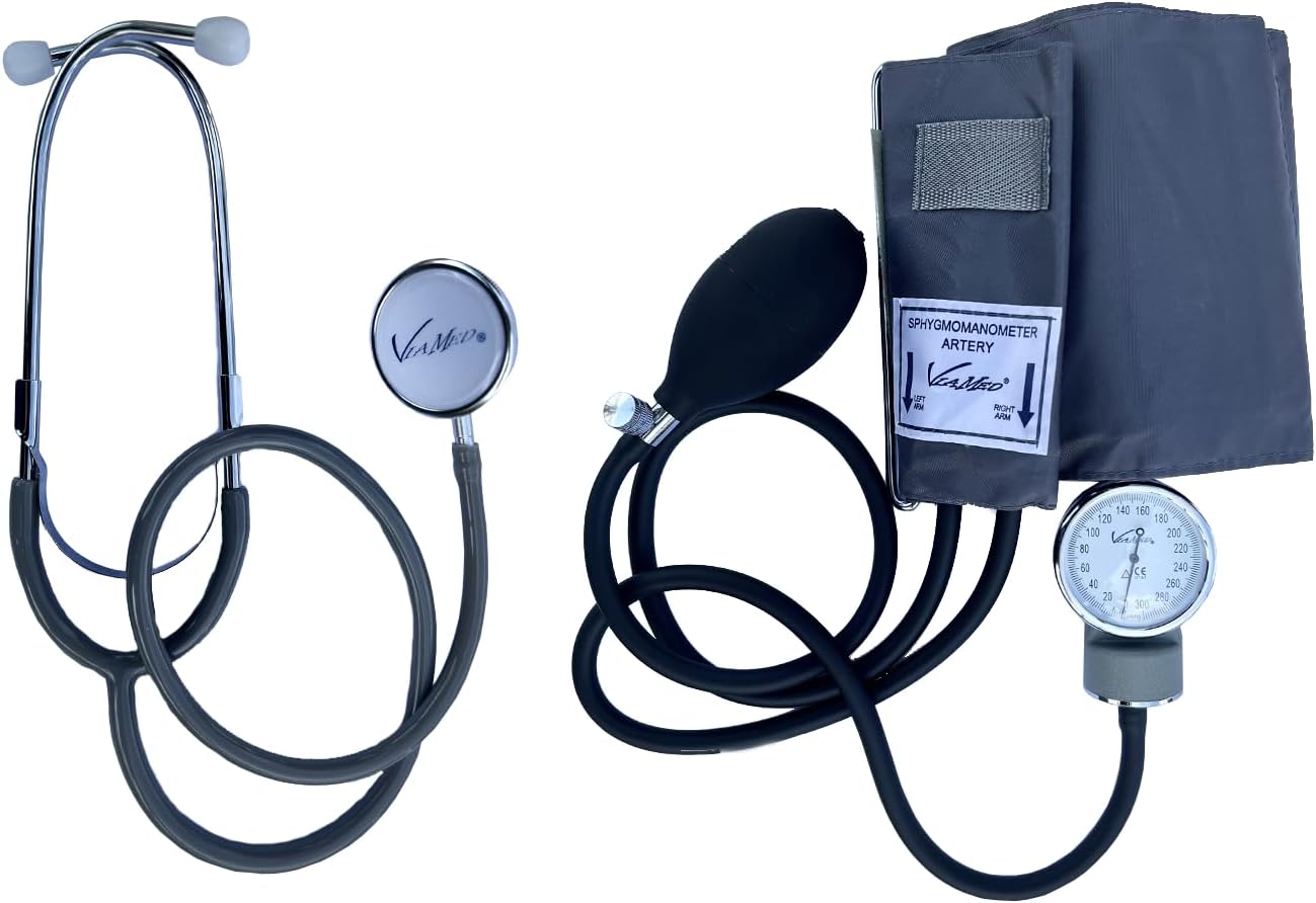 Viamed Aneroid Sphygmomanometer with Stethoscope - D-Ring Manual Blood Pressure Cuff - Carrying Case in Kit - Gray