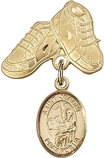 Gold Filled Baby Badge with St. Jerome Charm and Baby Boots Pin 1 X 5/8 inches