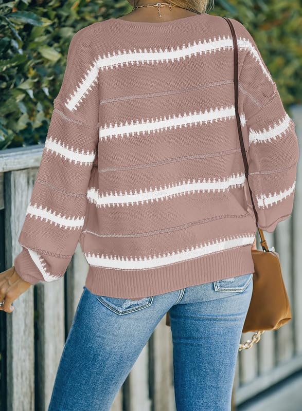 Image of Dokotoo Womens Color Block Sweaters Long Sleeve Pullover Knit Tops | Winter,Cable Knit,Casual,Loose,Striped,Soft,Warm