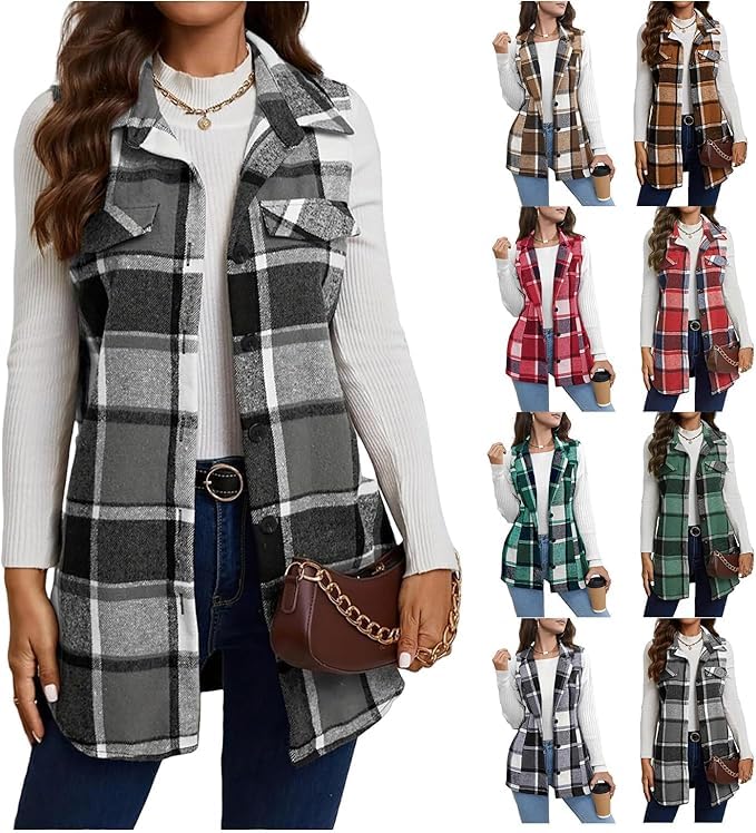 ZWRXW Plaid Vest for Women Button Down Sleeveless Blazer Jackets Open Front Blazer Vest Tops Fall Shirt Shacket