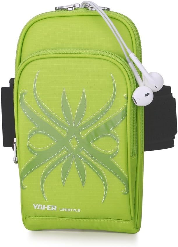 YAHER Sports Armband, 3 Sizes Double Zipped Pockets Workout Pouch Pack Running Cycling ArmBag for iPhone 4s,5,6,6s,6Plus (Large, Spider Fruit Green)