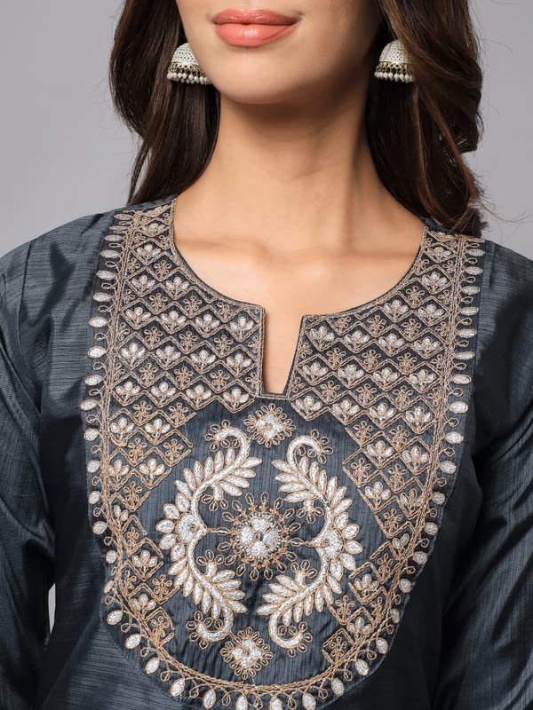 Image of VredeVogel Women's Cotton Silk Blend Embroidered Viscose Print Kurta Pant With Dupatta Set