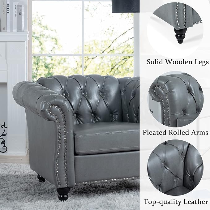 Image of WOODEN WORLD Modern & Classic Leather Sofa Set - Luxurious Comfort, Stylish Design, and Durable Build (Grey, 1 Seater)