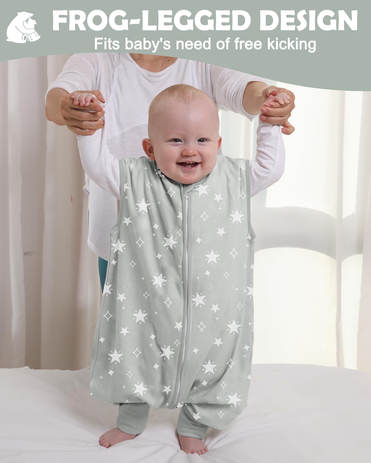 Lictin Sacco a pelo con piedi-2.5 TOG Sacco a pelo per bambini, stampa a stelle grigie, taglia: M-80 cm, altezza adatta del bambino (90-100 cm/18 mesi-3 anni)