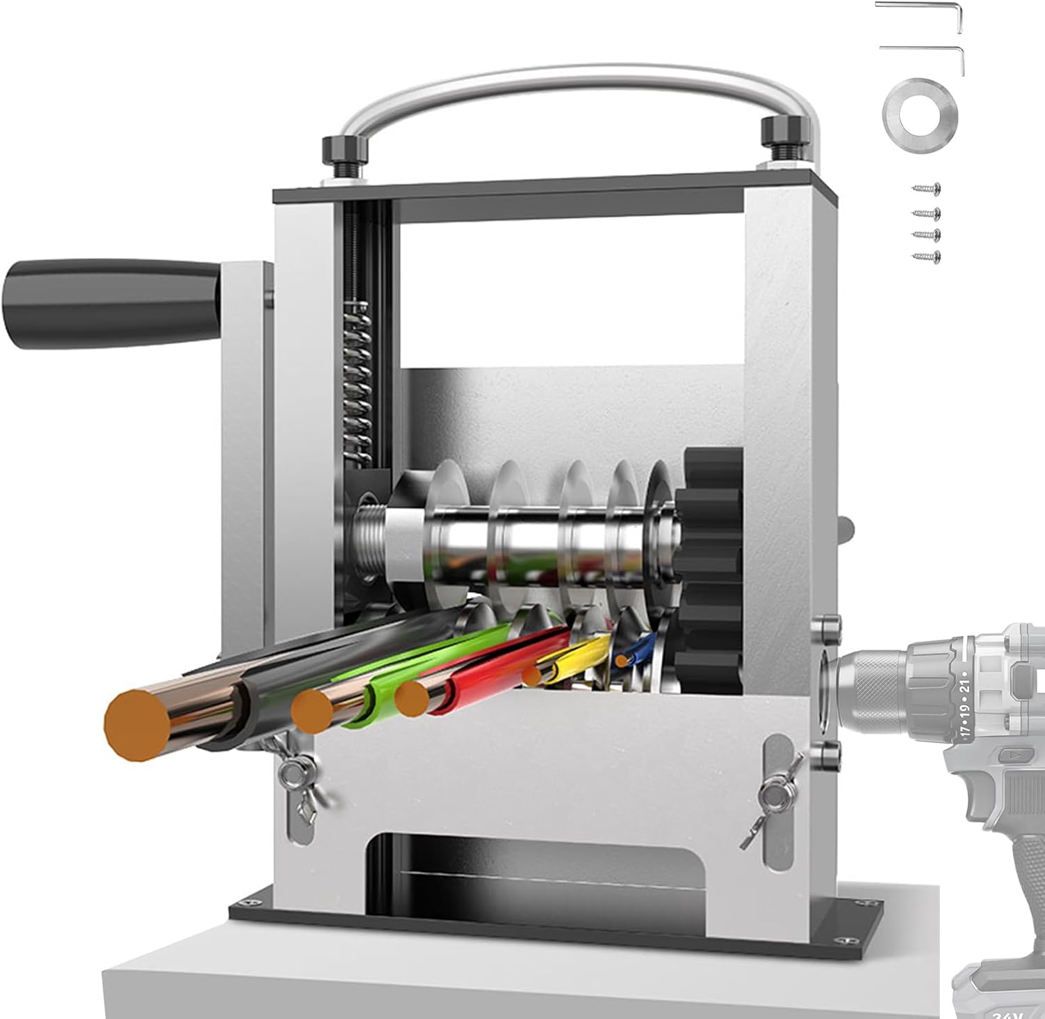 2-In-1 Wire Stripper Machine with Replacement Blade Sets, Manual & Drill Powered Wire Stripper Tool with 6 Channels & 5 Blades for 0.12" to 0.67" (3mm-17mm) Scrap Copper Wire