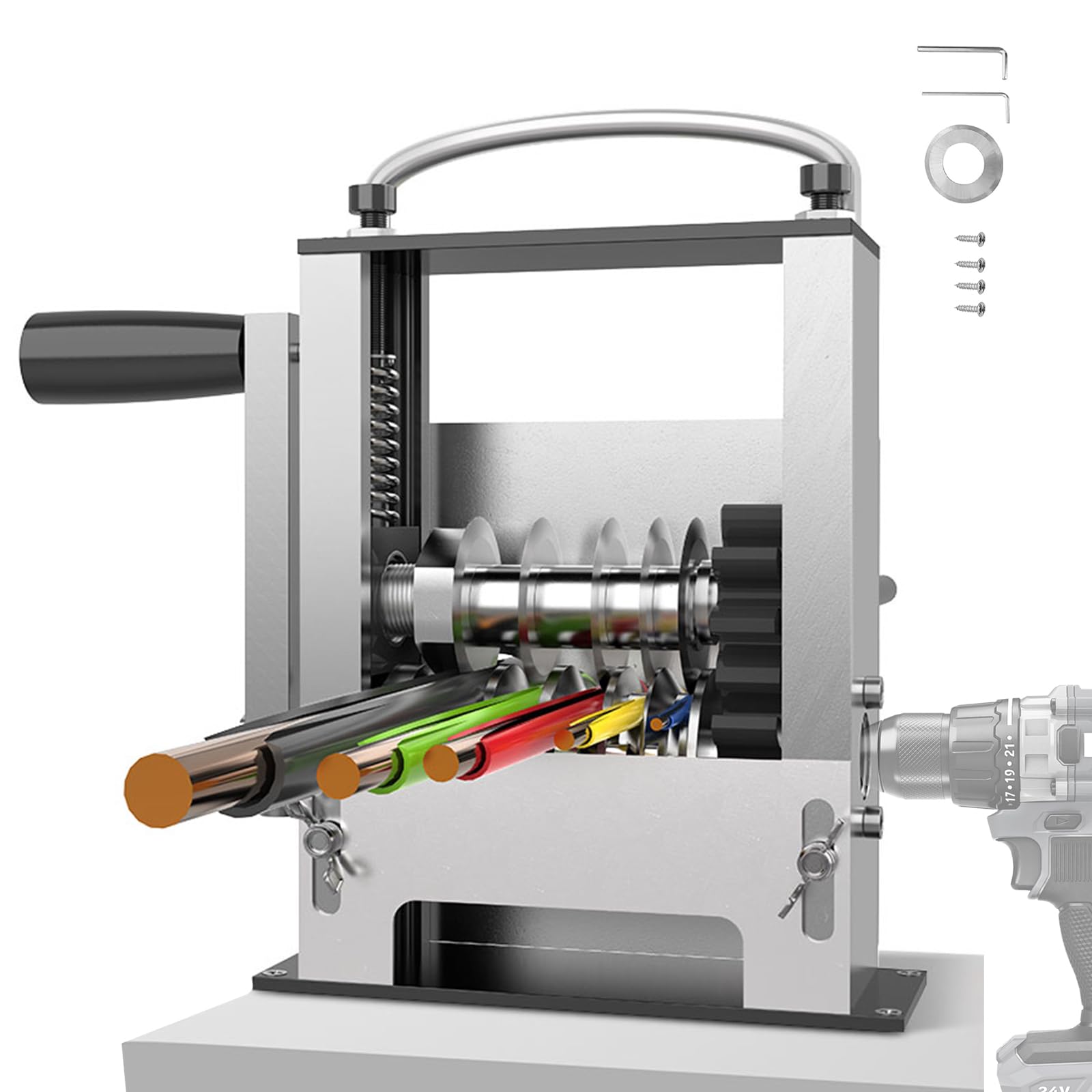 2-In-1 Wire Stripper Machine with Replacement Blade Sets, Manual & Drill Powered Wire Stripper Tool with 6 Channels & 5 Blades for 0.12" to 0.67" (3mm-17mm) Scrap Copper Wire