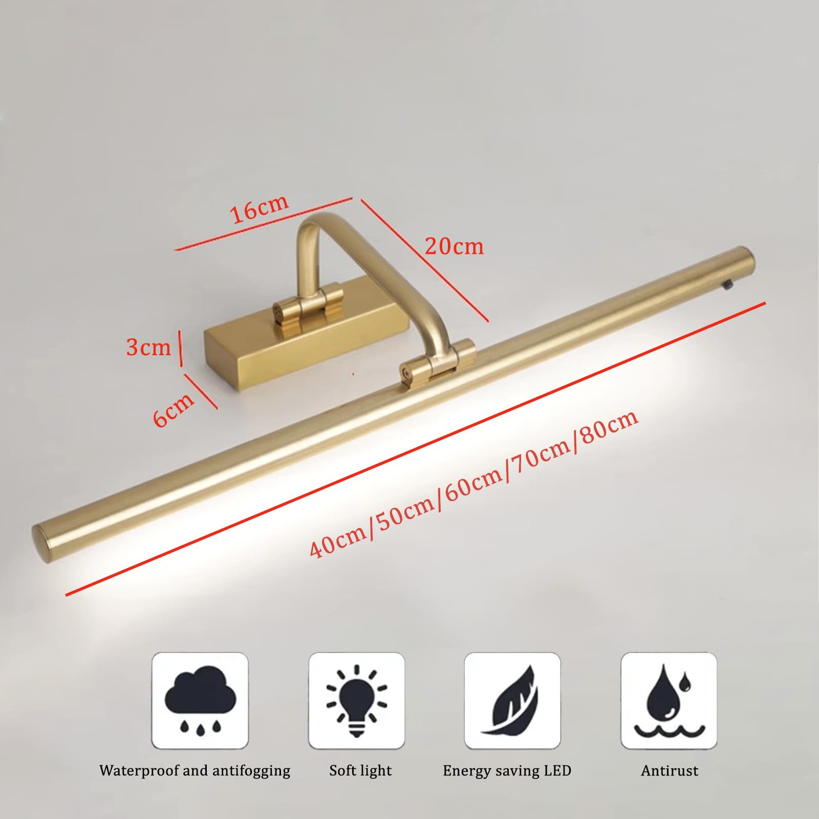 LED Spiegelleuchte Badezimmer mit Bewegungsmelder Wasserdicht Wandbeleuchtung 180° Drehbar Modern Wandleuchten Bilderleuchte Wandleuchte für Keller Küche Badschrank (Silbernes Warmes Licht,60cm)