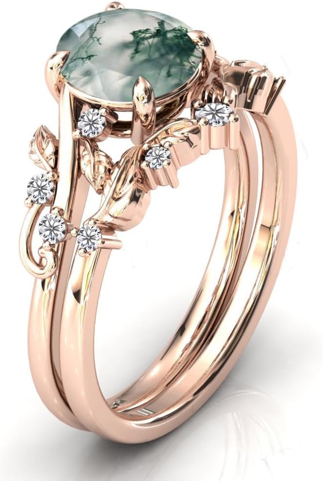 Natural Round Moss Agate Engagement Black Ring Set for Women 925 Sterling Silver Genuine Green Agate Bridal Rings Set for Her Promise Wedding Ring Set-1