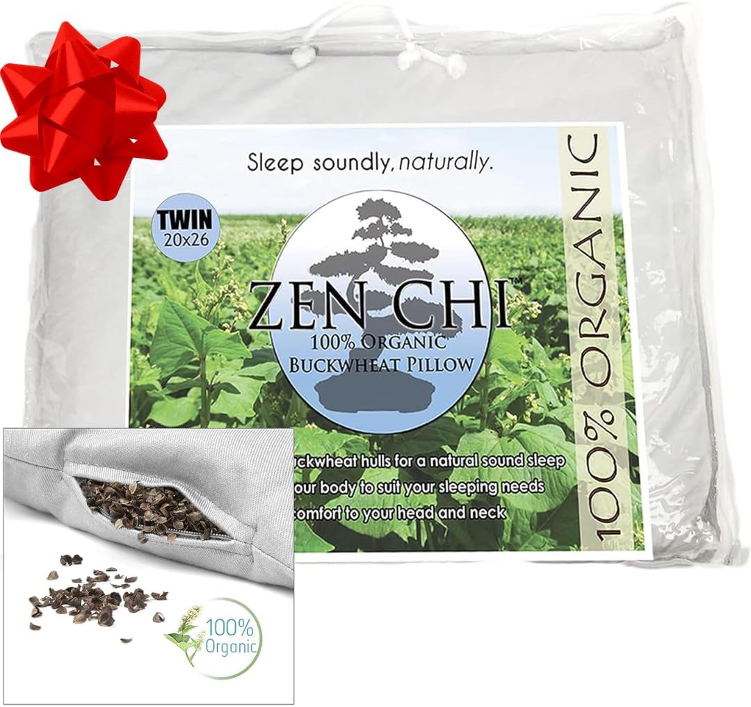 Buckwheat Pillow - Organic Twin Size (20"X26") w Natural Cooling Technology- All Cotton Cover - Keep Cool Effect Comfortable Sleep, Adjusts to Contours of Neck &amp; Head