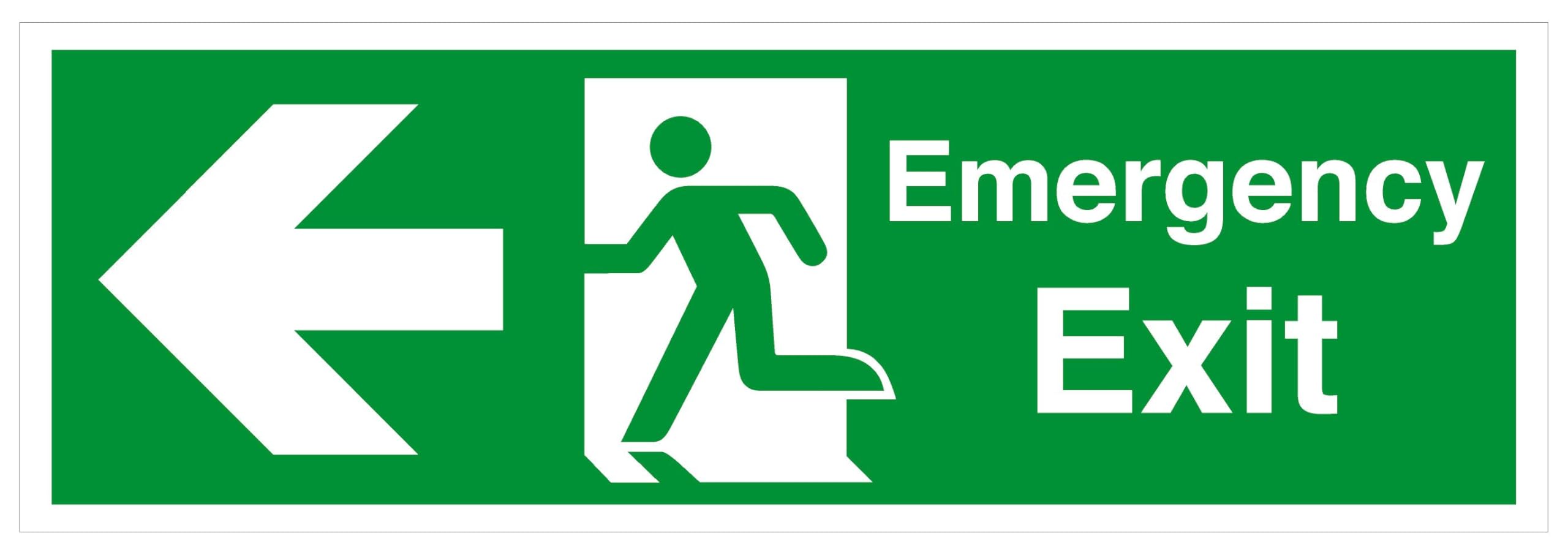 Emergency Exit arrow left - safety sign - High tack self-adhesive sticker (450mm x 150mm) Viewing Distance within 7m.