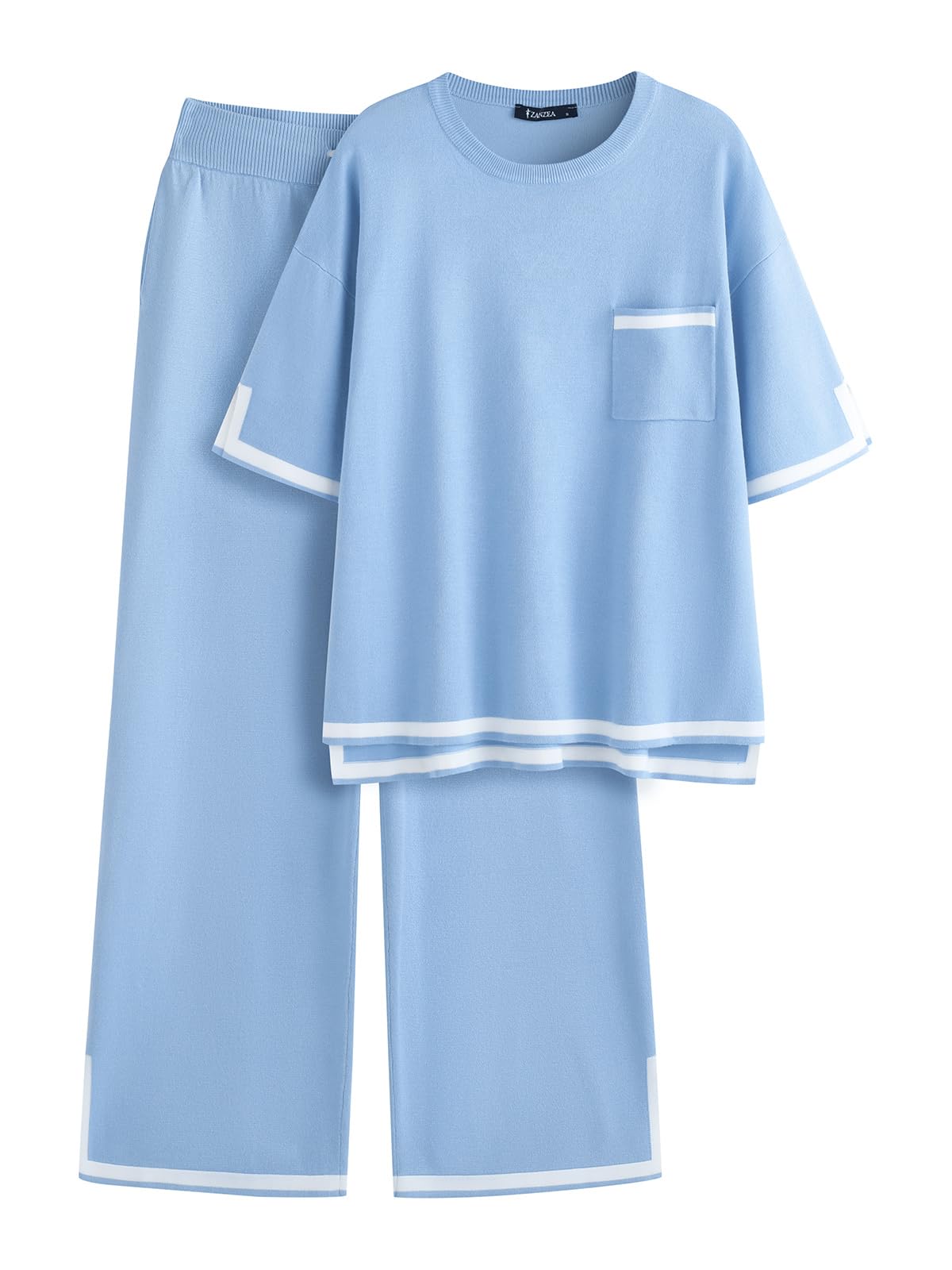 ZANZEA Women's 2 Piece Outfits Lounge Sets Short Sleeve Knit Pullover Tops Wide leg Pajama Sets with Pockets