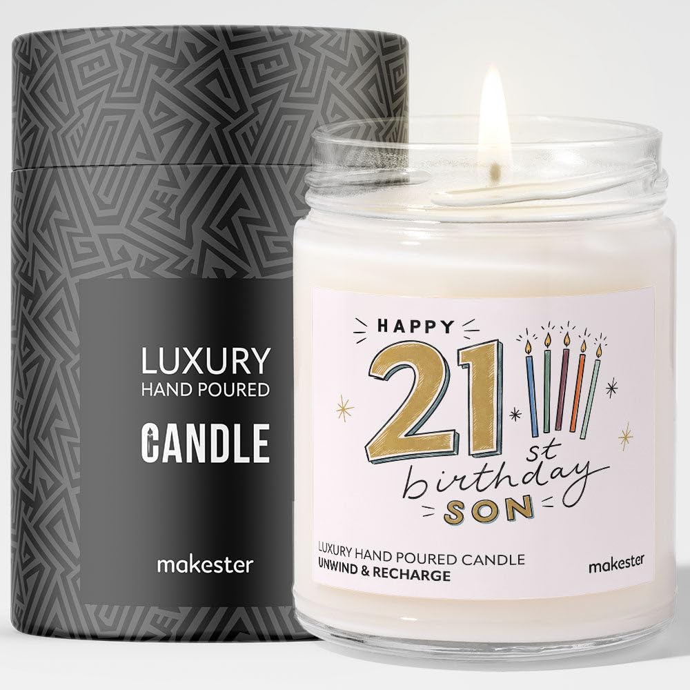 21st Birthday Gift for Son - Luxury Soy Wax Candle - Vanilla, Jasmine, Sugared Almond - Makester