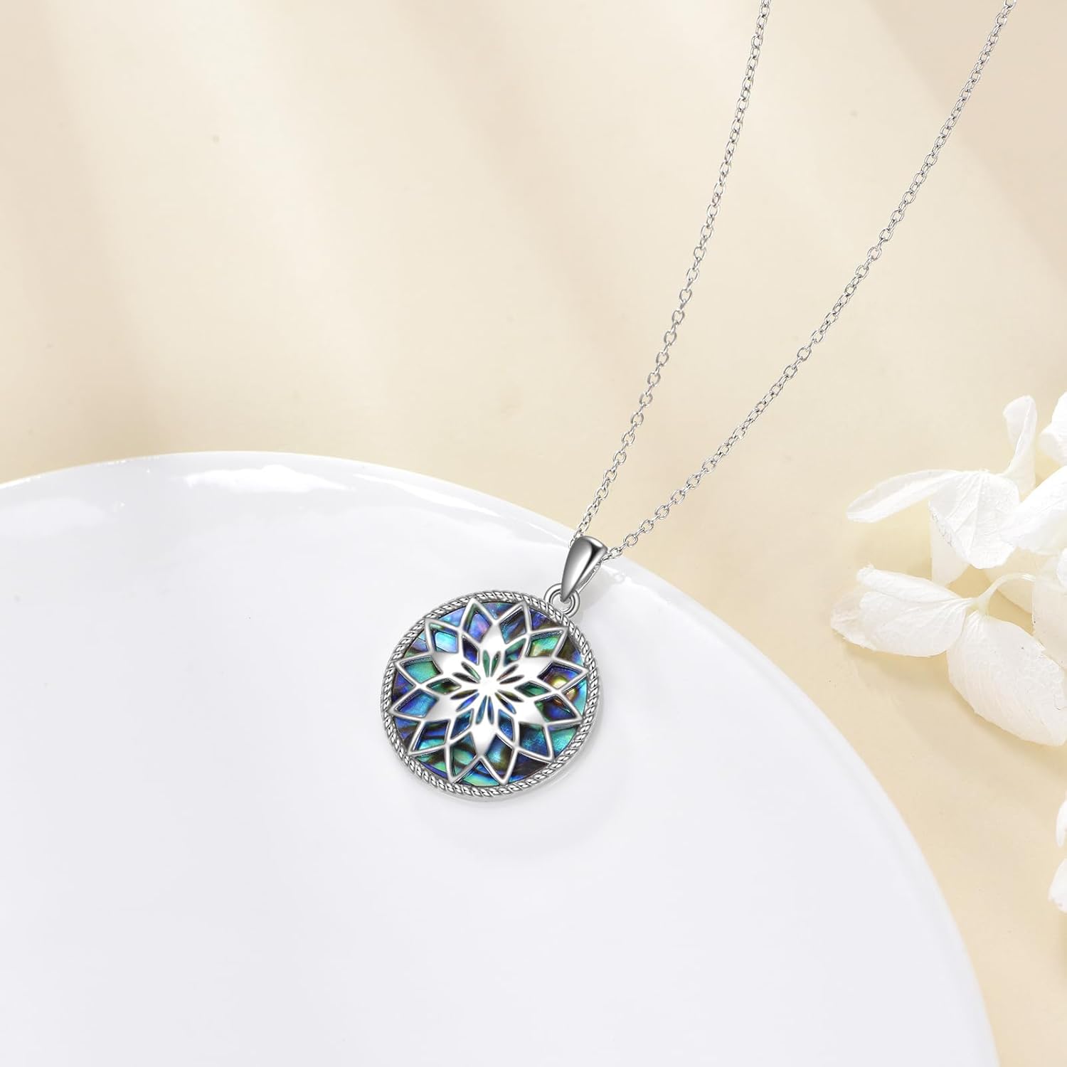 Flower of Life Necklace 925 Sterling Silver Abalone Shell Pendant Jewelry for Women Men - Image 2