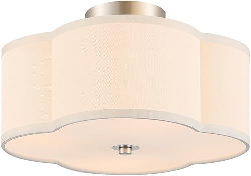 Miniatura 14 de VONLUCE Lámpara de techo semiempotrada, lámpara de techo de 12.6 pulgadas con pantalla de tela en forma de flor, lámpara moderna de 3 luces para