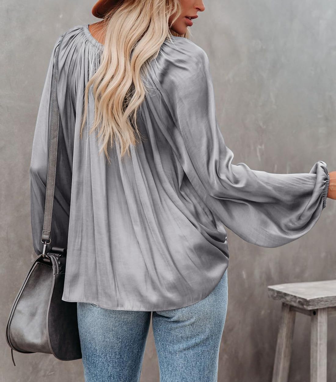 LAMISSCHE Womens Sexy Deep V Neck Blouse Lantern Long Sleeve Chiffon Shirt Oversized Drawstring Silk Satin Tunic - Image 5