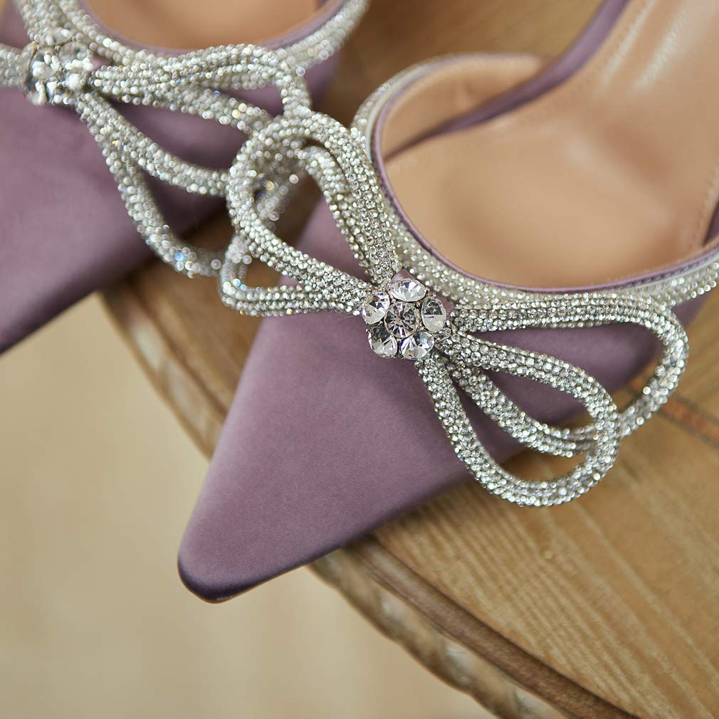 Arqa Rhinestone Bow Heels for Women Pointed Toe Crystal Ankle Strap Slingback Pumps Satin Stiletto High Heel Sandals Wedding Bridal Shoes