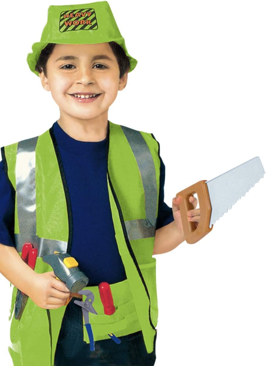 Yalla Baby Kids 7pcs Construction Worker Costume Role Play Kit Set, Realistic Accessories, Educational Dress Up Gift for Toddler, Kids (3-8 Years, 80-110cm) (Construction Engineer-Green)