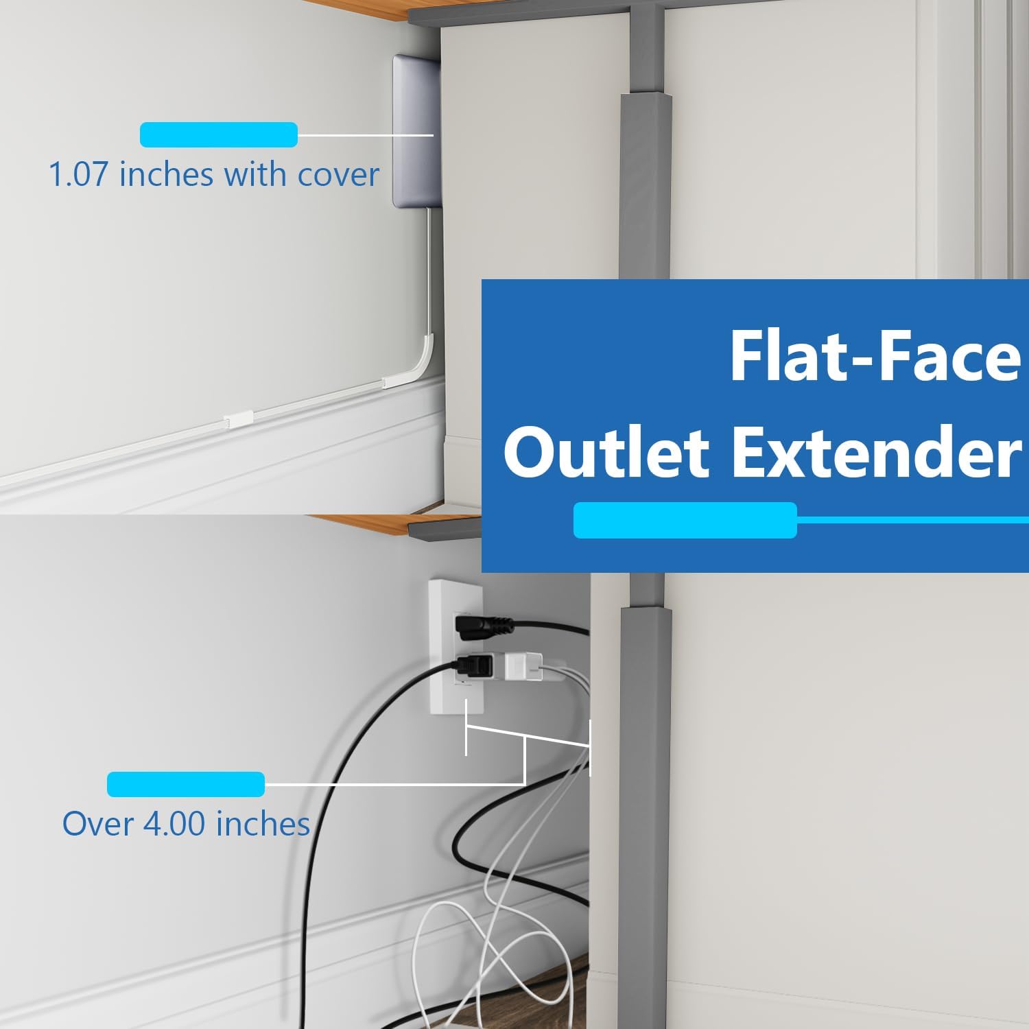 LIDER Flat-Face Outlet Extender with 3 Receptacles, Ultra-Thin Wall Plate Plug with Cord Extender and 3-Outlet Power Strip, 8ft Cord, LWE8-315-SV, ETL-Listed, Silver
