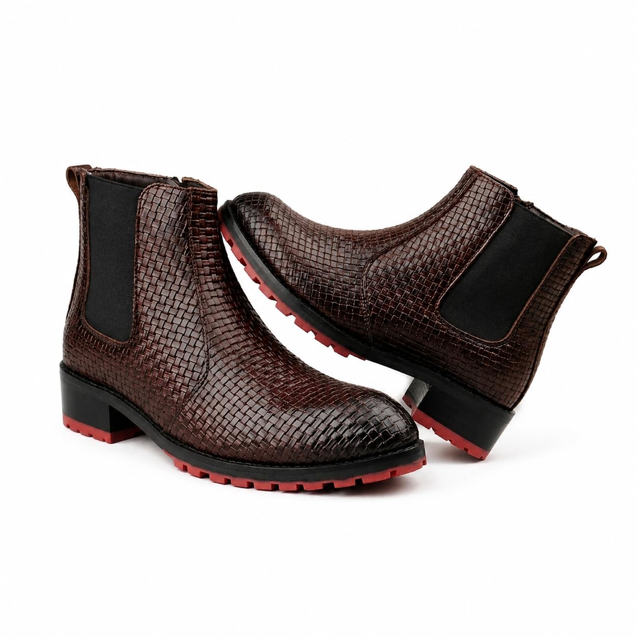 Men's Faux Leather Chelsea Ankle Boots with Side Zip and Unique Cross Texture Design and Anti-Skid Red TPR Sole-image-48