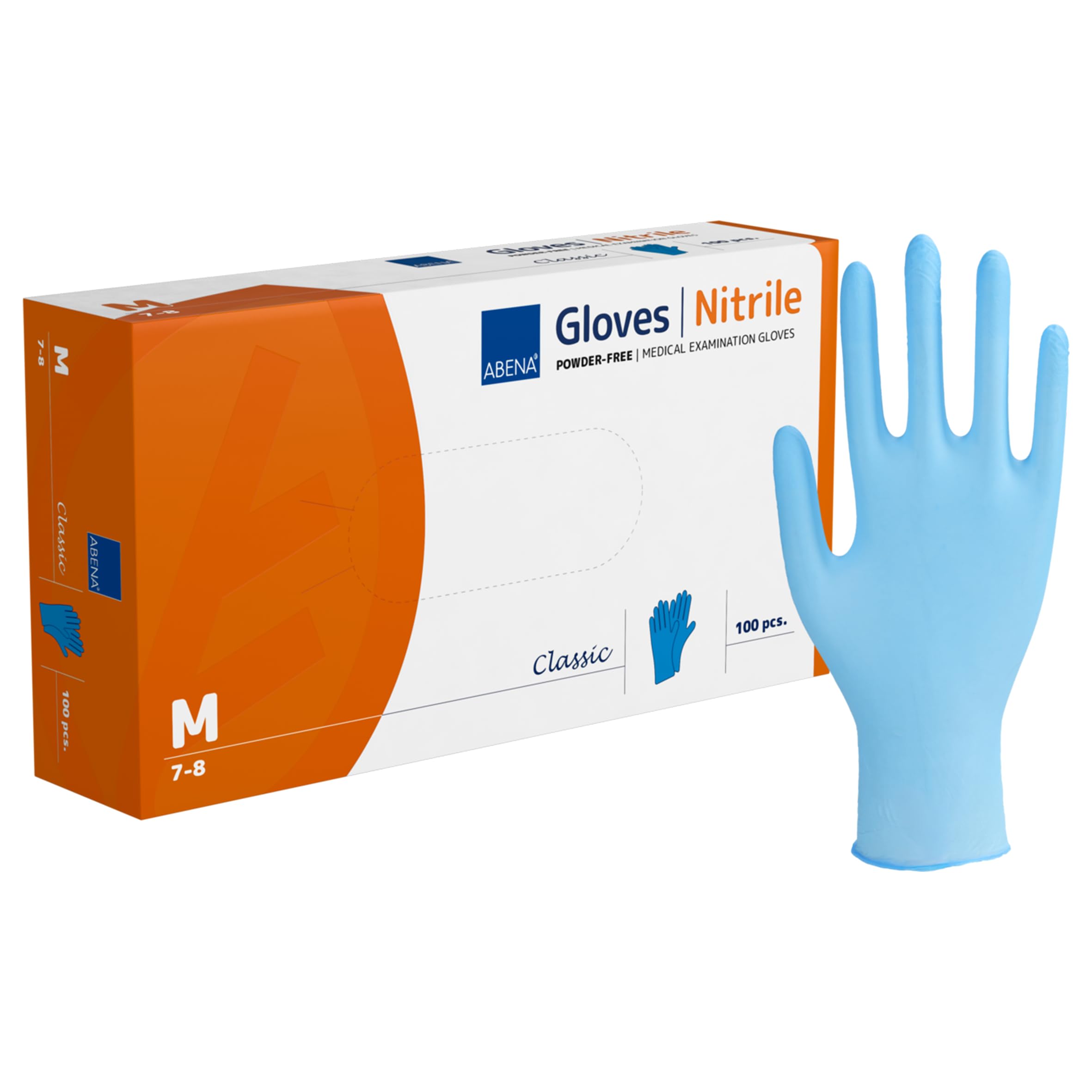 ABENA Blue Disposable Nitrile Gloves, Medium, Pack of 100, Powder Free, Latex Free, Examination Gloves for Cleaning, Food Prep, Beauty, Medical & Hygiene, Strong Single Use Protective Gloves