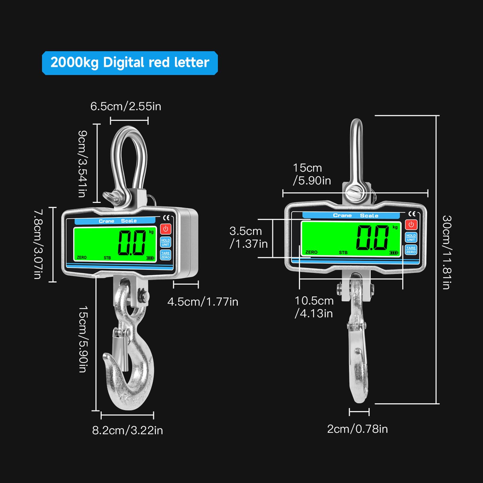 Báscula de Grúa Digital, Báscula Colgante Industrial de Aluminio de 2000 Kg y 4400 Lb con Unidad de Pantalla LCD de 5 Dígitos de 0,8 Pulgadas Función de Reinicio a Cero