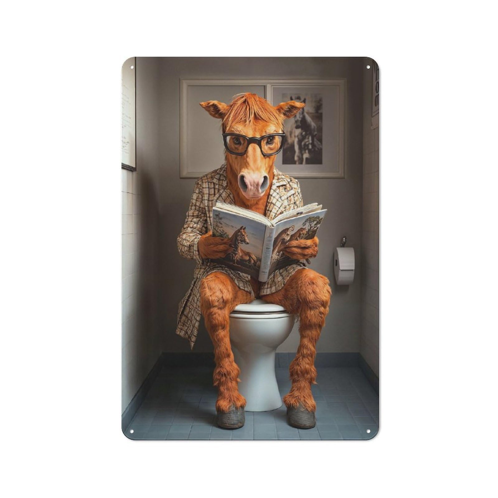 Junmoney Horse In Bathroom Reading Tin Sign With Design 30X20cm, Weathered Look Industrial Wall Art For Workshop, Basement, Shed Or Games Room