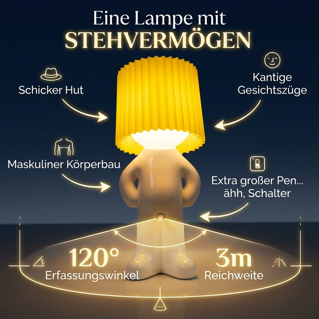 Lunikon Larry the Lamp—LED Nachtlicht Shy Man Figur Kreative Tischlampe Dekorative Nachttischlampe für Büro und Schlafzimmer (Weiß)