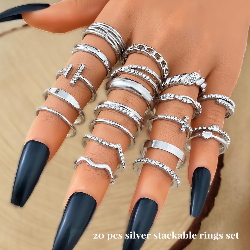 KISS WIFE Golden Stackable Knuckle Rings Set for Women, Boho Trendy Dainty Midi Rings Pack Sparkling Aesthetic Women's Stacking Rings Bulk Costume Jewelry: Silvery-Sparking