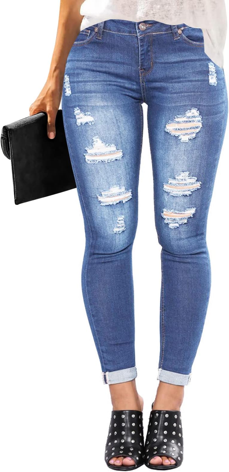 KUNMI Women High Waist Skinny Stretch Ripped Cropped Jeans Destroyed Denim Pants