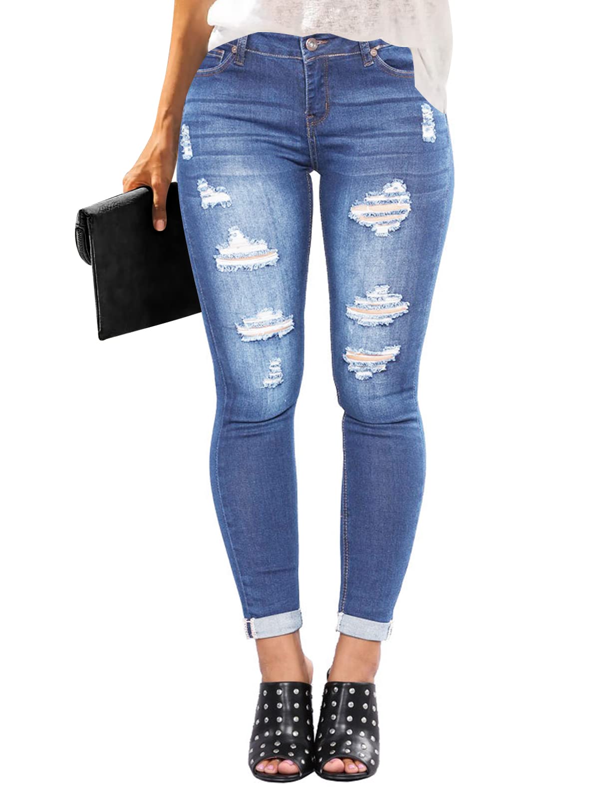 KUNMI Women High Waist Skinny Stretch Ripped Cropped Jeans Destroyed Denim Pants