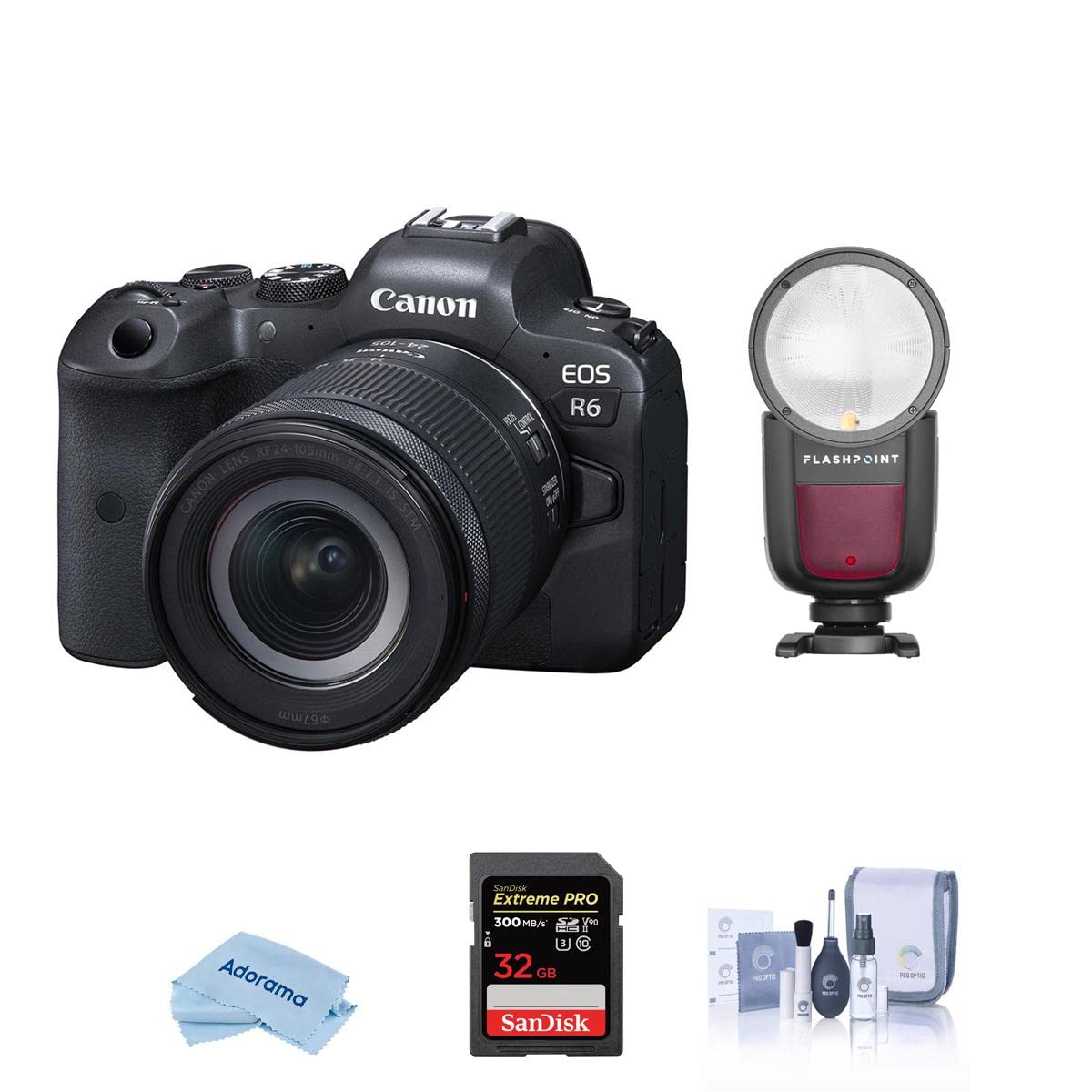 Canon EOS R6 Mirrorless Camera with RF 24-105mm f/4-7.1 IS STM Lens - Bundle With Flashpoint Zoom Li-on X R2 TTL On-Camera Round Flash Speedlight, 32GB UHS-II U3 SDHC Card, Cleaning Kit, Cloth