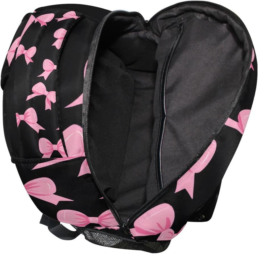 Pink Bow Black Background Backpack for Women Mens Girls Boys Teens, School Backpacks Students Laptop Bookbag Rucksack Casual Daypack for Hiking Traveling Camping Work
