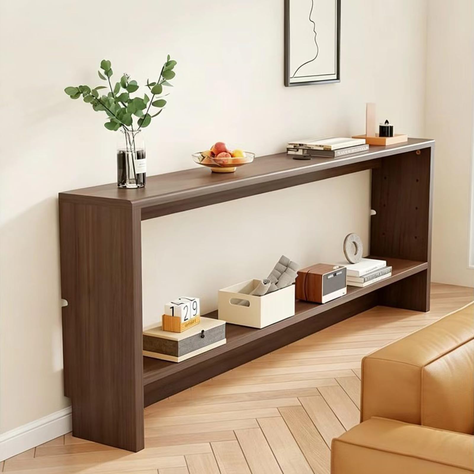 Consolle Ingresso Stretta in Legno Stile Vintage, Pannello 15mm Antiribaltamento, Incavo Battiscopa, Ripiani Regolabili per Libri A4, Soggiorno, Corridoio, Studio(150×15×70cm)
