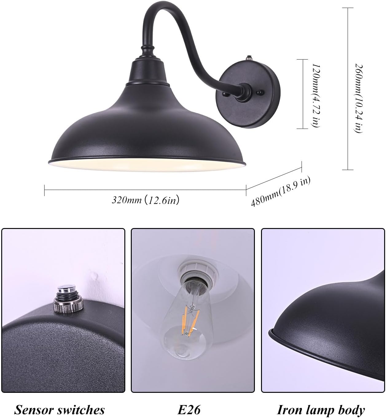 Outdoor Gooseneck Barn Light -12” Black Dusk to Dawn Exterior Wall Sconce Lighting with Photocell for Farmhouse House Porch Entryways Garage (2 Pack)