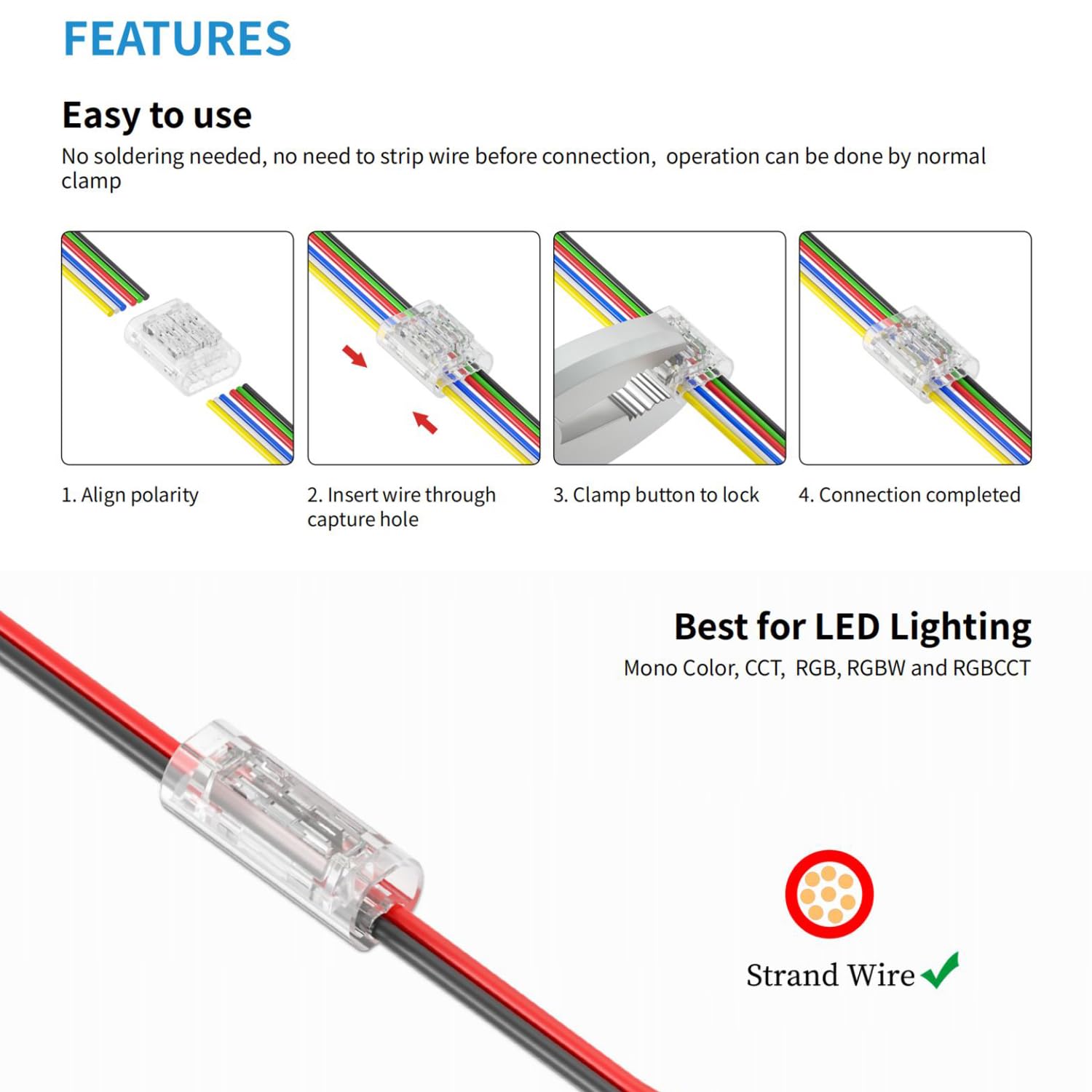 Connettore per cavi a 4 poli – 10 pezzi, attacco senza attrezzi per cavi di controllo 22–20AWG, adatto per sistemi LED RGB e derivazioni elettriche