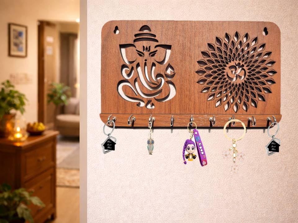 My Dream Carts Ganesha Om Chakra Key Holder for Home Decor Items | Stylish Key Hanger Wall Mounted | Handicraft Key Chain Stand | Wooden Keychain Hangers for Office Decoration | Wood Keys Organizer 3