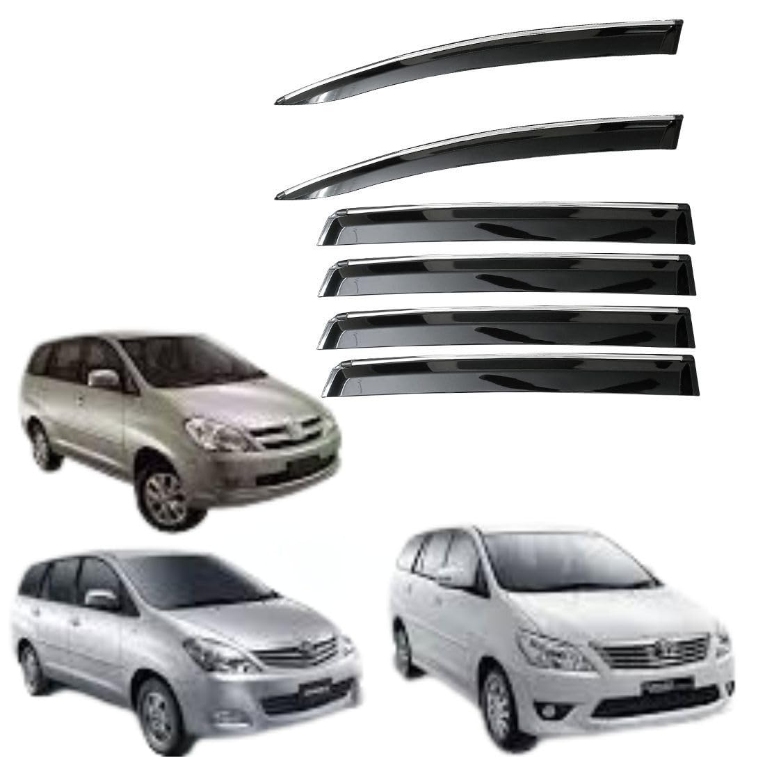 CAR SAAZ Unbreakable Chrome Smoke Door Visor for Innova Type 1-4 (2005-2015)| Premium Sun, Rain Wind Deflector Chrome Strip Side Door Rain Visor – Set of 6 Pcs