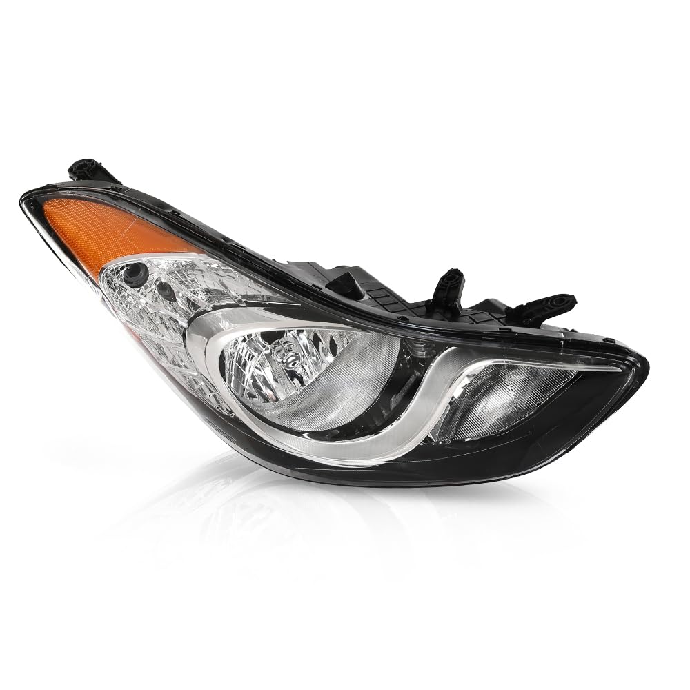 PIT66 Headlight Assembly Right Side Compatible with Hyundai Elantra 2011-2013, Fit for w/Factory Halogen Headlight Model Only Headlamp Clear Lens Chrome Housing Amber Reflector