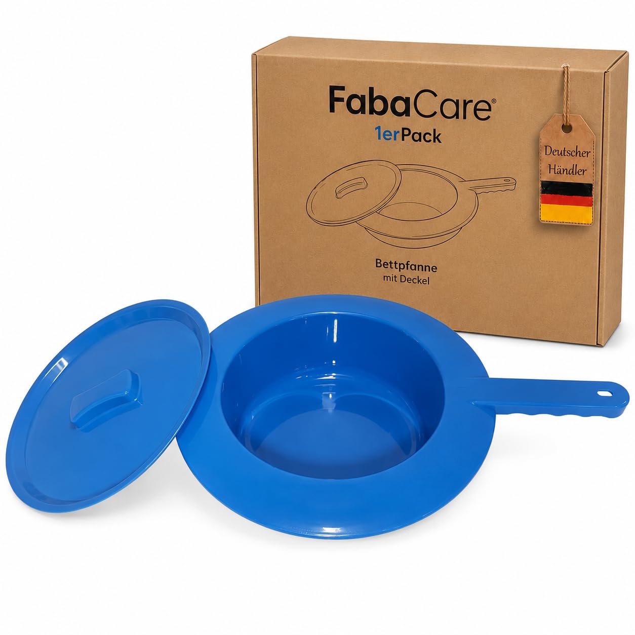 FabaCare Bettpfanne mit Deckel blau für Erwachsene | Stechbecken aus Kunststoff mit Griff, 30 cm Durchmesser, 8 cm Höhe, für Pflege, Klinik und Zuhause