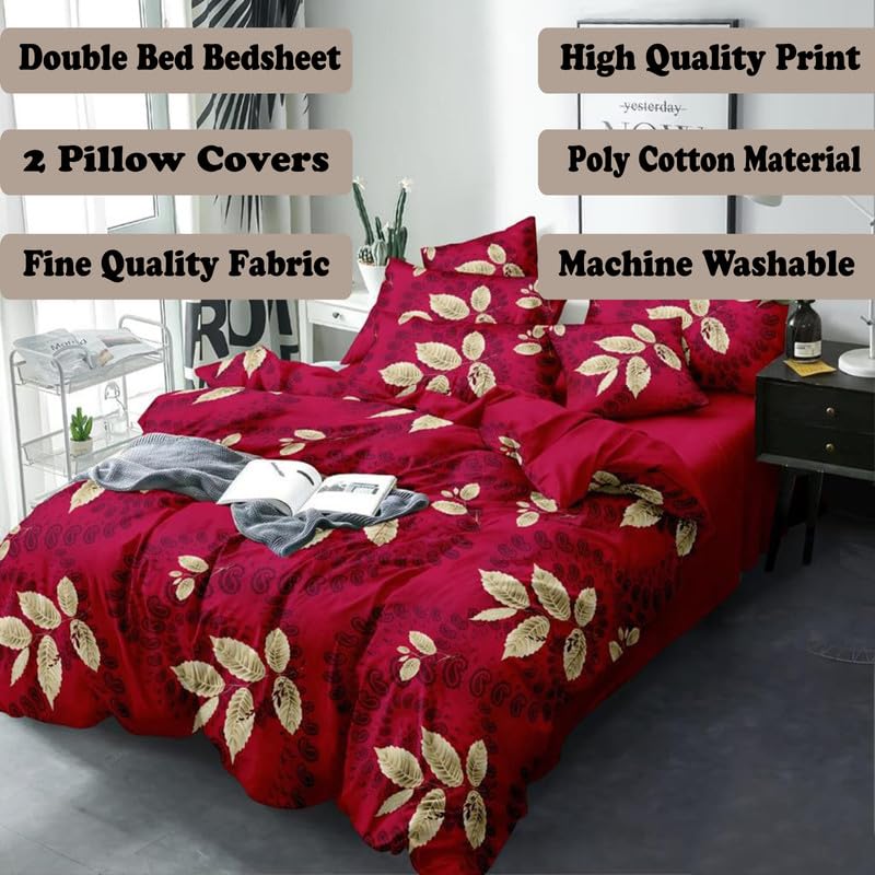 Image of Polycotton Double Bed Bedsheet, Flat Sheet with 2 Pillow Covers, Queen (90x100 inch), 300 TC, Red & Golden, Set of 3