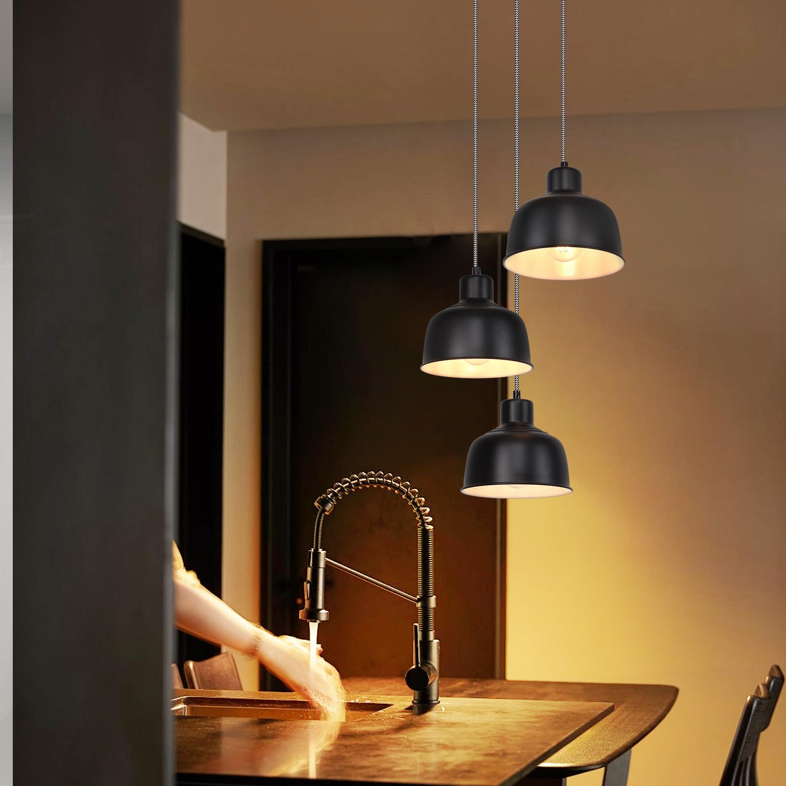 Pendellampe tavolo hängelampe vintage esszimmer industriale lampada | rond 3 flammig retro hängeleuchte nera metallo schermo E27 per cucina soggiorno