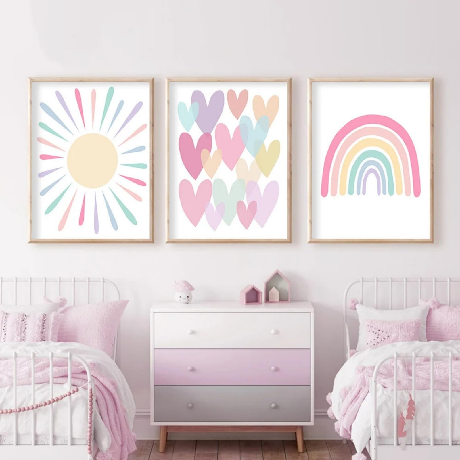 JORCEDI Pastel Rainbow Sun Hearts Canvas Wall Art Set of 3, Boho Nursery Posters Prints, Cute Baby Girl Bedroom Decor, 21x30-50x70cm, Unframed (21x30 cm,A)